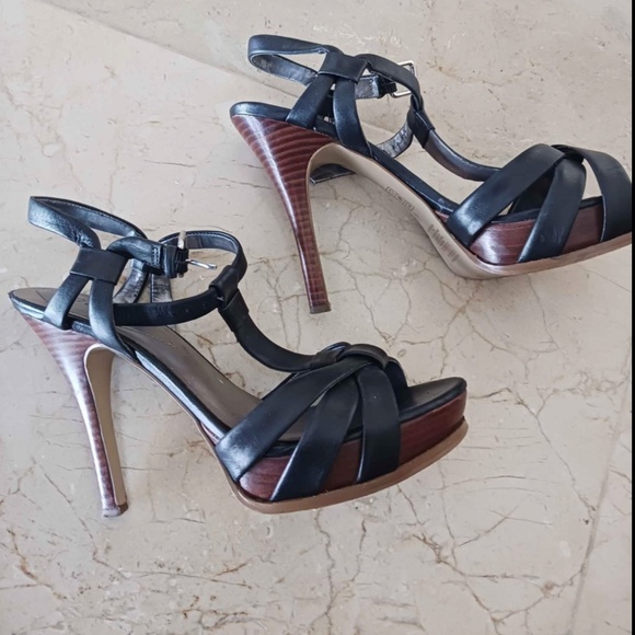 Guess platform T strap black leather heels sandals - Picture 1 of 4